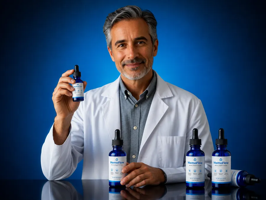 MemoFlow liquid formula bottle shown in a laboratory-style product setting
