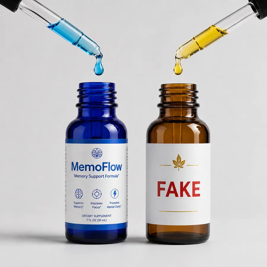 Visual comparison between the blue MemoFlow liquid formula and an ordinary imitation bottle